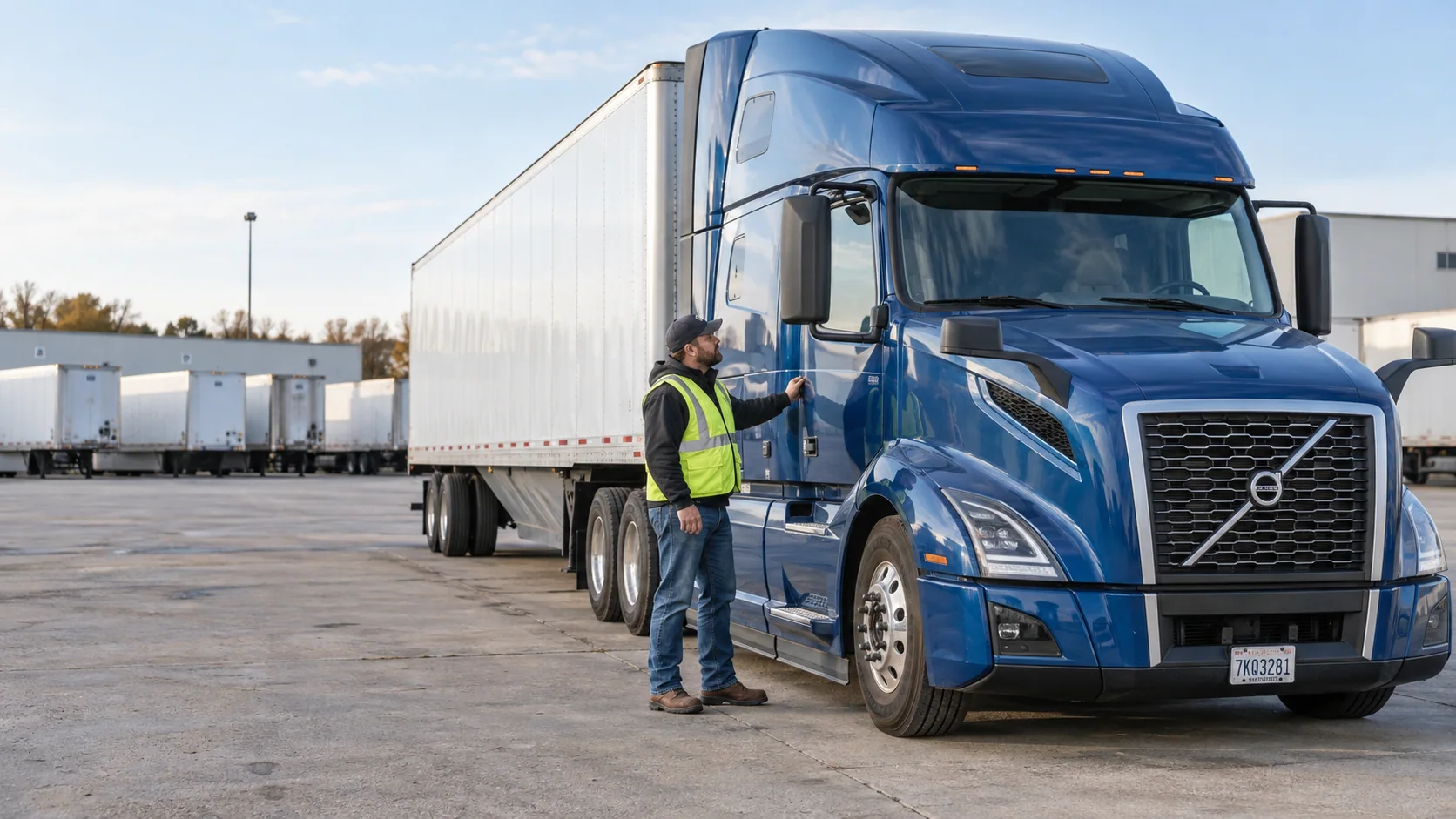 Representative driver beside a blue Volvo tractor and dry-van trailer at a freight terminal
