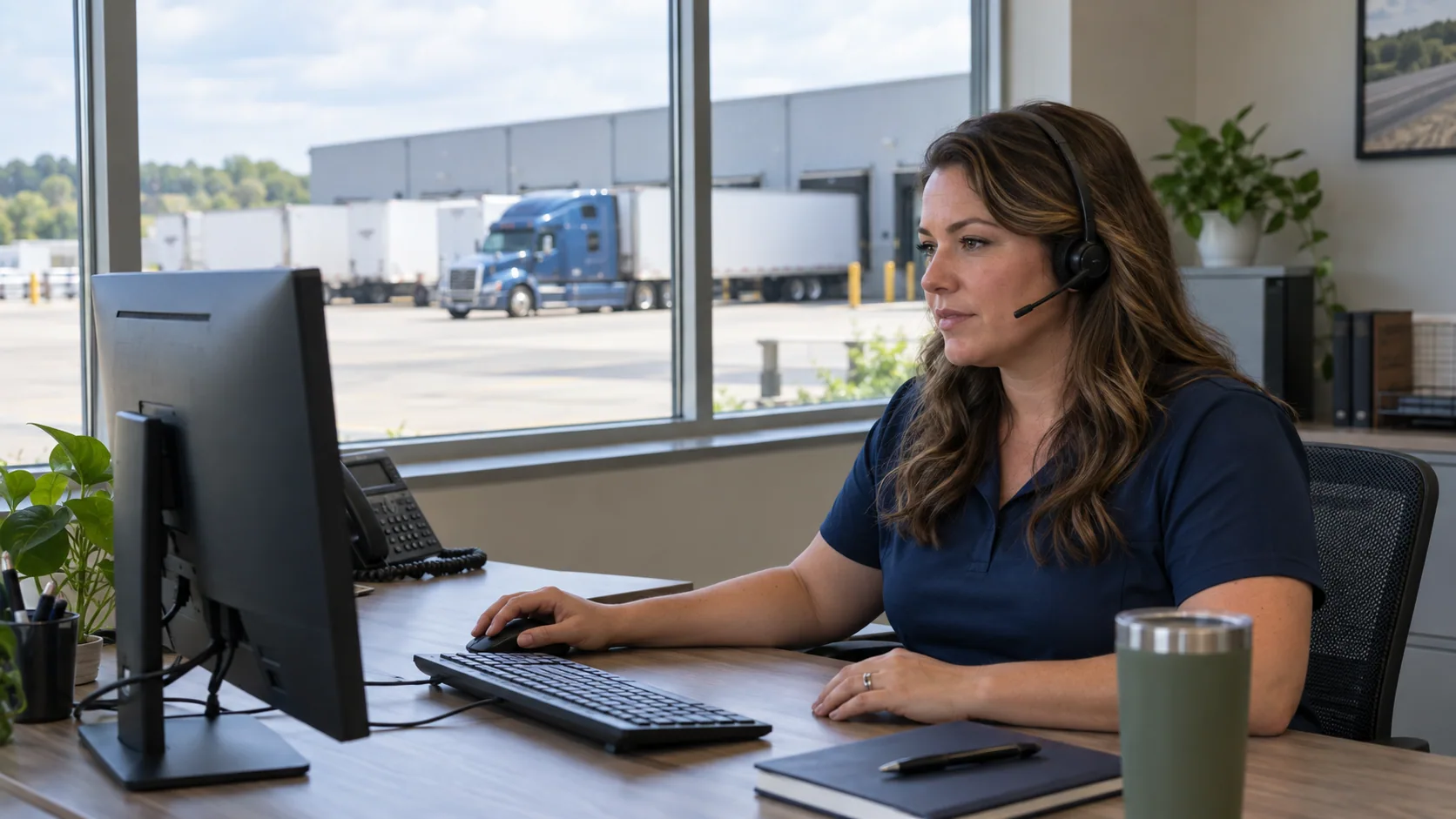 Representative freight coordinator at a desk overlooking a truck terminal