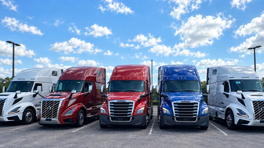 Illustrative lineup of Volvo and Freightliner Cascadia sleeper trucks