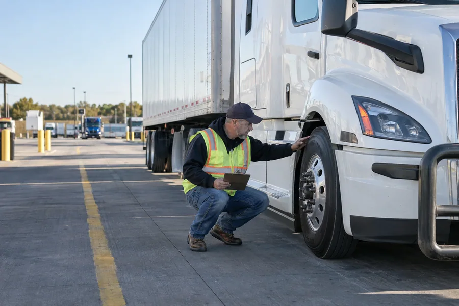 Driver performing a pre-trip truck inspection