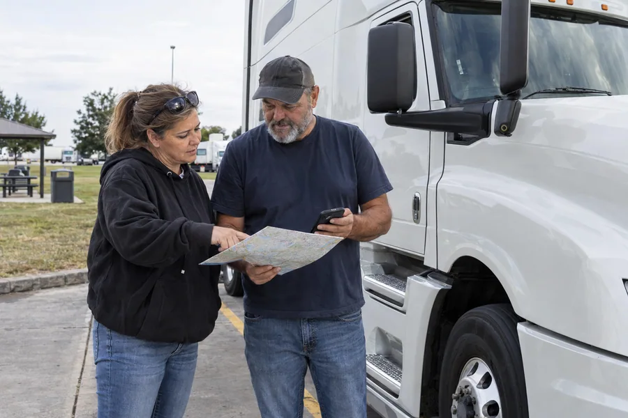 Two drivers reviewing their route beside a truck